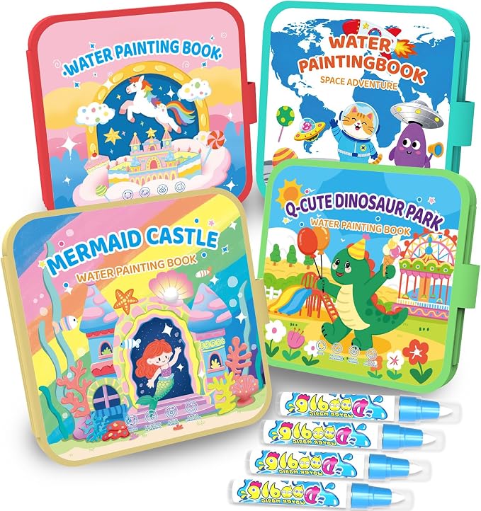 KONLE Reusable Water Painting Book, 4 Packs Water Coloring Books, 40 Pages | Mess Free Coloring Book for Toddlers 1-3, Travel Gift for Boys & Girls, Educational Art Activity, Montessori Art