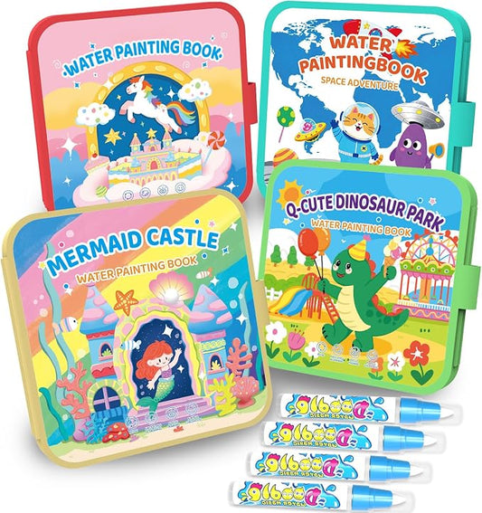 KONLE Reusable Water Painting Book, 4 Packs Water Coloring Books, 40 Pages | Mess Free Coloring Book for Toddlers 1-3, Travel Gift for Boys & Girls, Educational Art Activity, Montessori Art