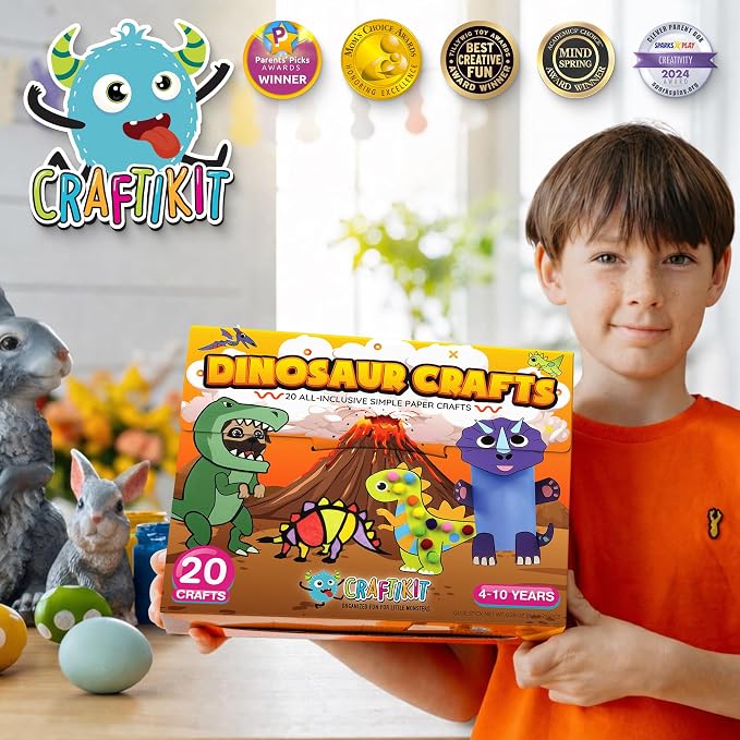 Craftikit® 20 Award-Winning Dinosaur Crafts for Kids - All-Inclusive Fun Dinosaur Crafts for Kids Ages 3-10 - Organized Toddler Craft Kit