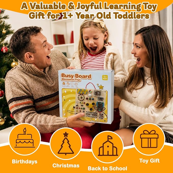 Busy Board with LED Light Switches, Montessori Toys for Toddlers 1-3, Wooden Sensory Activity Board, Travel Learning Toy for Boys & Girls, Educational Fidget Busy Board Gift for 1 2 3 Year Old Kids