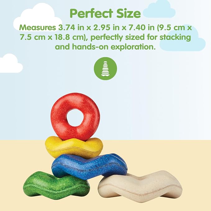 PlanToys® Wooden Wave Stacker Montessori Stacking Toy for Kids Toddlers | wooden wave stacker, montessori stacking toy, imaginative play fine motor coordination, sensory problem solving, baby toddler