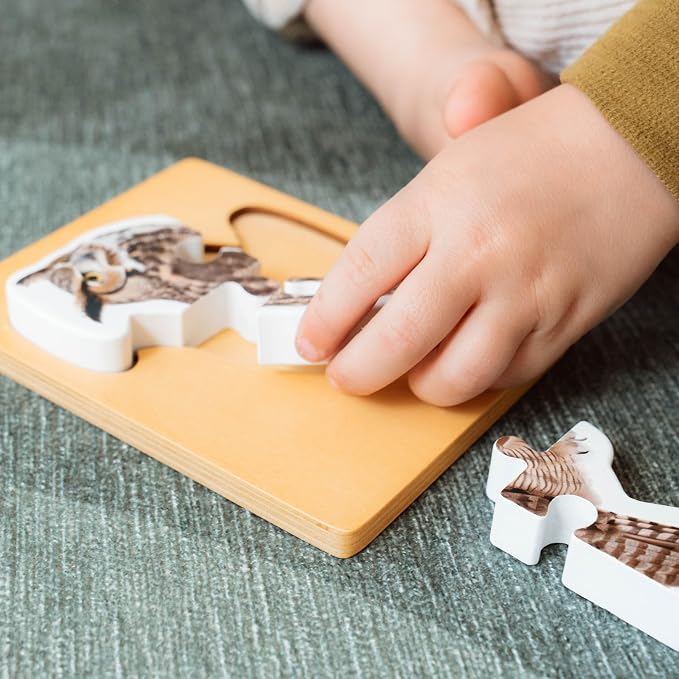 Wooden Montessori Animal Puzzles for Toddlers 2+ Years | Realistic Chunky Woodland Animal Shape Puzzle | Educational Learning Toy - Four-Piece Woodland Creature Puzzles