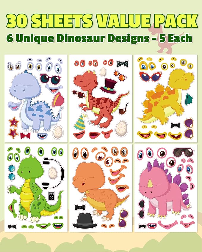Aowplc 30 Sheets Make A Dinosaur Stickers for Kids Fun Mix 'n Match Craft for Party Favors & Activities
