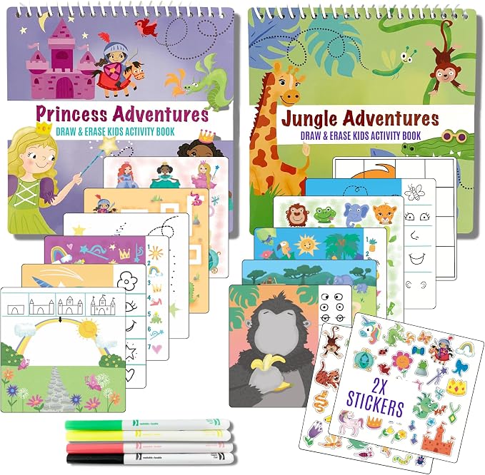 Totebook Dry Erase Activity Book for Kids - 18 Erasable Learning Games with Markers & Reusable Stickers, Travel Activities for Ages 4-6, Fits Case (Jungle & Princess)