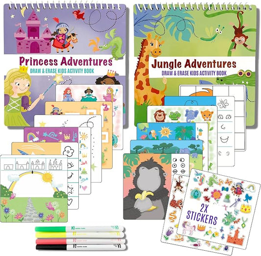 Totebook Dry Erase Activity Book for Kids - 18 Erasable Learning Games with Markers & Reusable Stickers, Travel Activities for Ages 4-6, Fits Case (Jungle & Princess)