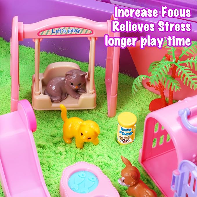 Carolart Pet Sensory Bin, Dog & Cat Sand Box Play Sand Kit, Sensory Toys | Sensory Sand Pet Care Play Set, Pretend Animal Toys, Sensory Kit Gift for Girls Boys, Interactive Sensory Play Ages 3+