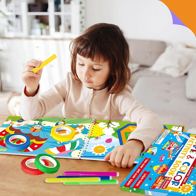 SpriteGru Tape Activity Book, 30 Dry Erase Vehicle Patterns and 4 Colorful Tapes, Reusable & Erasable Pages and Easy-Tear Tapes, Fun and Creative Game Pad for Road Trip, Travel, At Home