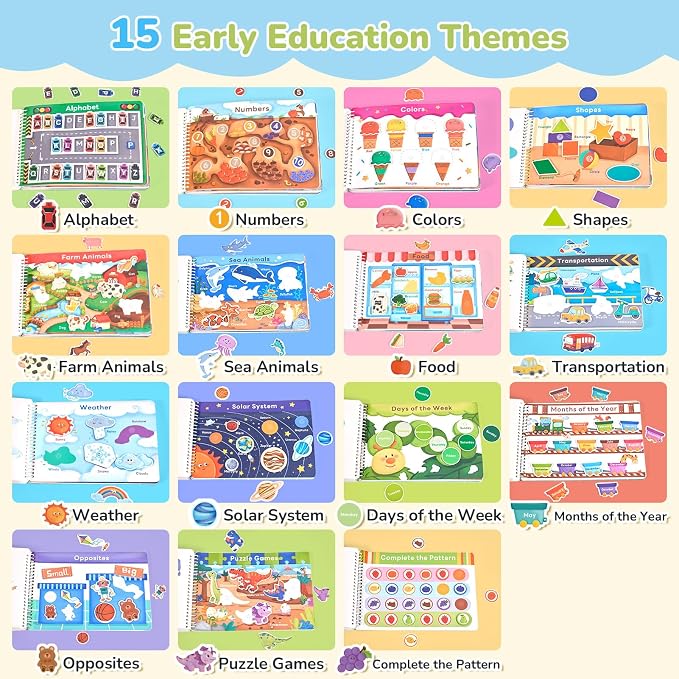 JoyCat Preschool Busy Book for Toddlers 3-5, Learning Activities, Educational Sensory Toys, Autism Learning Material, Back to School, Birthdays Presents for Boys Girls | 15 reusable themes with letters, numbers, colors and matching as autism learning m...