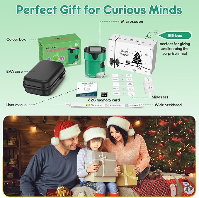 Kids Digital Microscope Science Gift: Complete STEM Toy Kit for Ages 4-12 | 32GB Card for Photos & Video / Custom EVA Case / Real Glass Slides / Upgraded 3mm Slide Slot / 2.5H Rechargeable Use