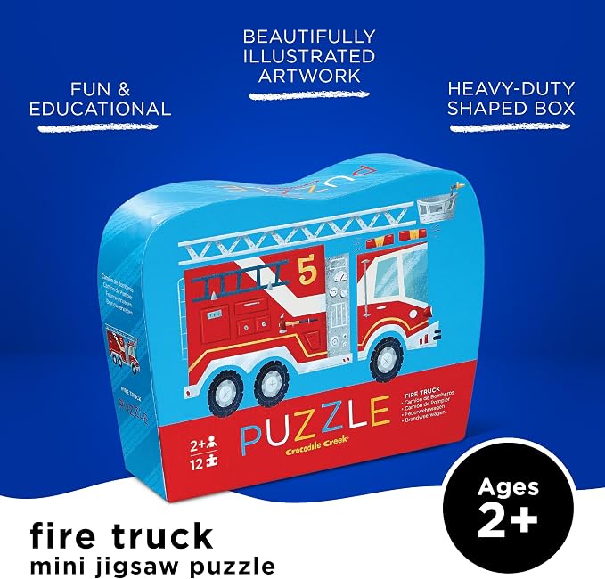 Crocodile Creek 12-Piece Mini Jigsaw Puzzle - Fun Floor Puzzles for Kids Ages 2-4 and Up - Heavy-Duty Shaped Box for Storage - Fire Truck - 12" x 9" Finished