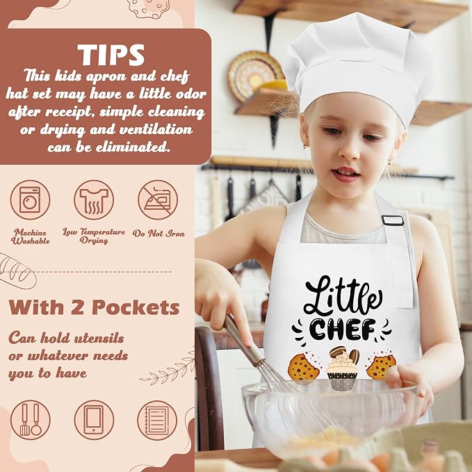 R HORSE 2 Pieces Kid Apron and Chef Hat Set, Dress up Pretend Play Toy | White Little Chef Adjustable Children Kitchen Apron Set, Ideal for Cooking, Baking, Painting, Training, Cooking Birthday Gift