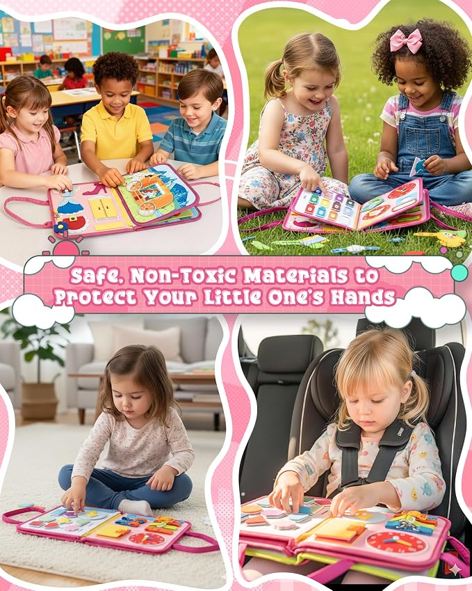 Pink Montessori Busy Board,8-Page Sensory Activity Book for Fine Motor Skills & Basic Dress Learning, Portable Travel Toy for Preschool Kids, Portable Travel Gift for Preschool Girls