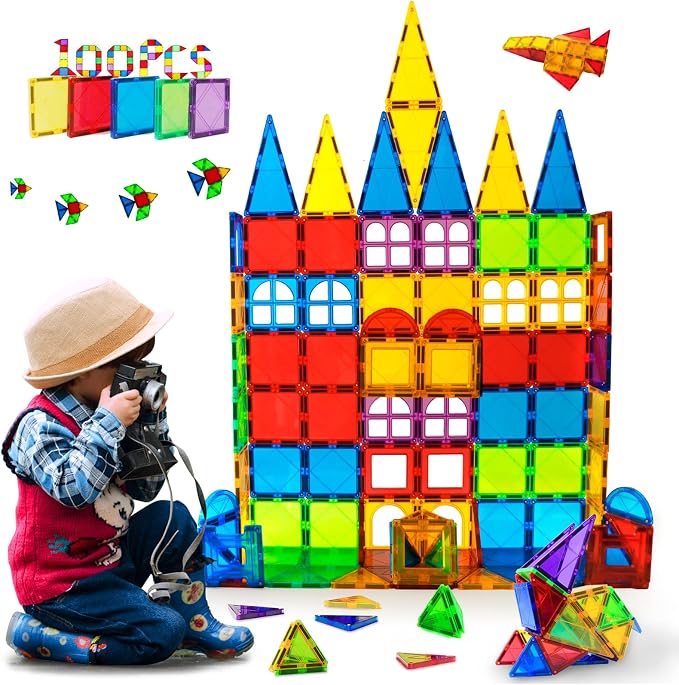 MAGBLOCK 100 Piece Magnetic Tiles,Building Blocks for Kids 3+ | Magnetic Blocks Preschool Building Sets Educational Toys for Kids Boys and Girls,shape & color recognition