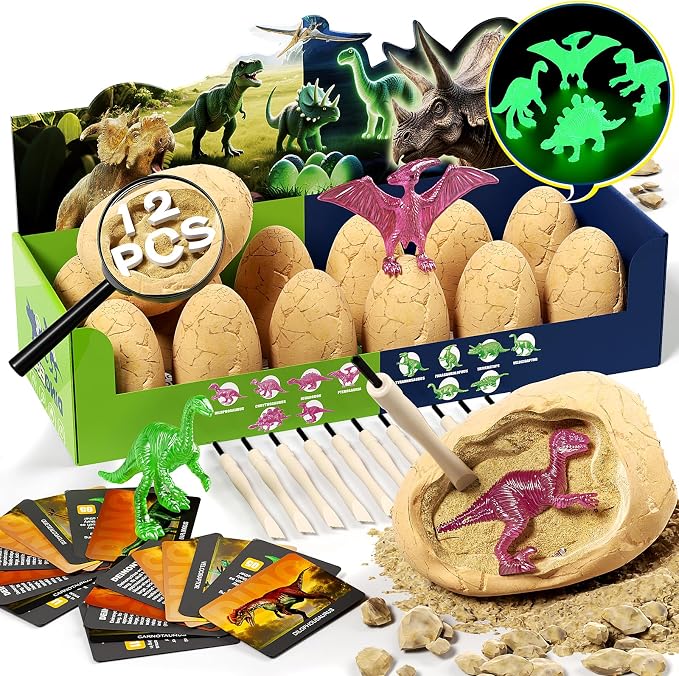 12 Glow in The Dark Dinosaur Eggs, Excavation Kit with Magnifier | Dig Kit Toys for Kids, Easter Basket Stuffers, Science STEM Party Favor Gifts for Boys Girls Age 3 4 5 6 7 8 9 10 + Years Old