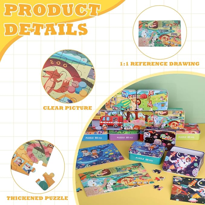 Silipull 12 Boxes Party Favors Jigsaw Puzzles in a Metal Box for Age of 4-8, Wooden Puzzle for Ages 4-8 Learning Educational Jigsaw Pieces Toys, 12 Styles(Lovely)(Novel)