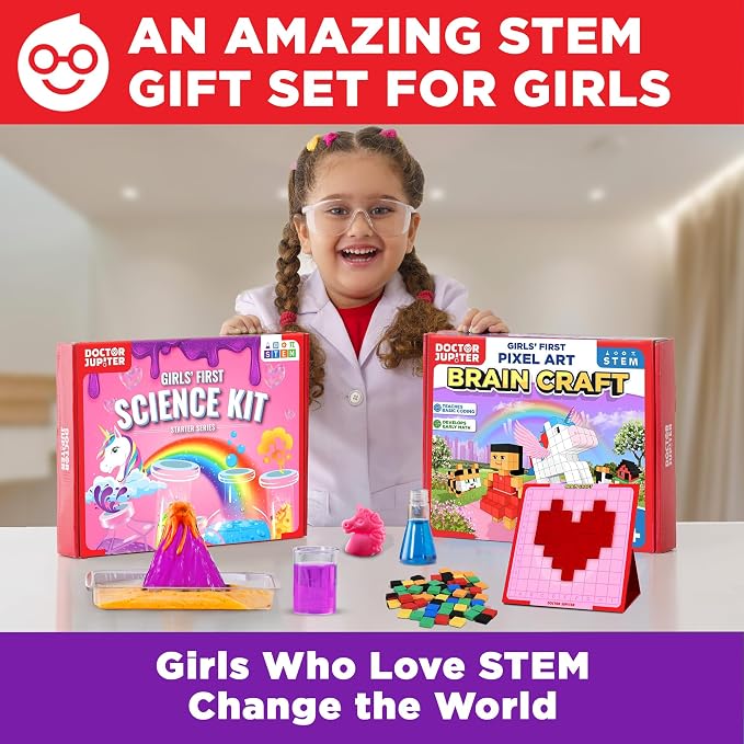 Doctor Jupiter Amazing Science Gift Set for Girls Ages 5+, Birthday Gift | Set of Girls' First Science Kit & Brain Craft Pixel Art Kit, 150+ Activities, Birthday Gift Ideas for Girls Ages 5,6,7,8