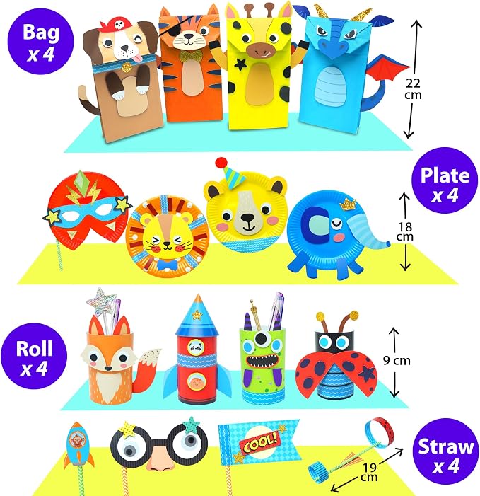 KRAFUN Safari Animal Beginner Paper Craft Kit for Kids Age 3+ | 16 Projects | 16 projects with paper bags, plates & rolls. Lion, Tiger, Giraffe & Elephant themes. Activity for boys & girls