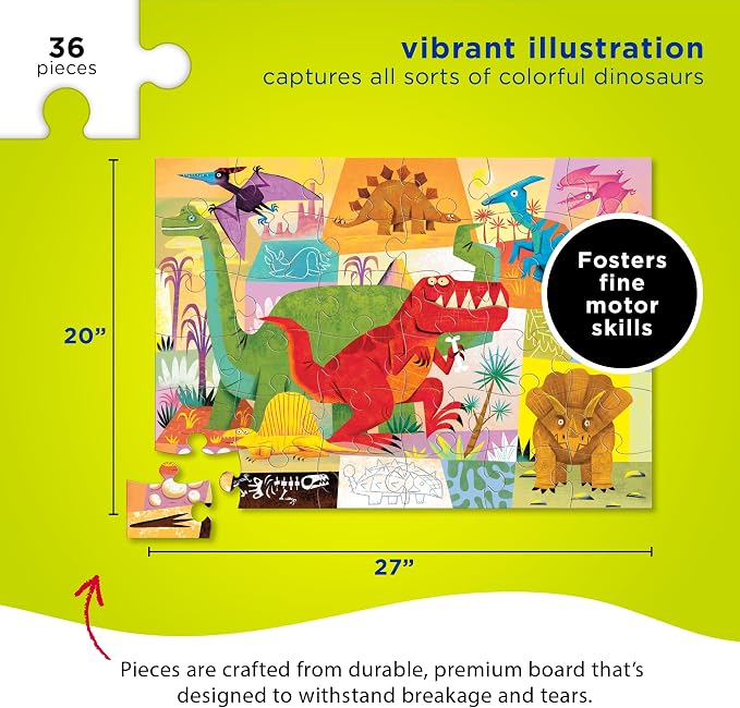 Crocodile Creek 36-Piece Jigsaw Floor Puzzle - Fun Floor Puzzles for Kids Ages 3-5 - Heavy-Duty Shaped Box for Storage - Dinosaur - 24" W x 18" H Finished