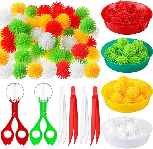 Leitee 71 Pcs Sensory Bin Filler,Red Green,Christmas | Hedge Balls Tweezers Clips Cups, Fine Skills Toys Set for Kids Counting Sorting, Sensory Bin Tools Preschool Learning