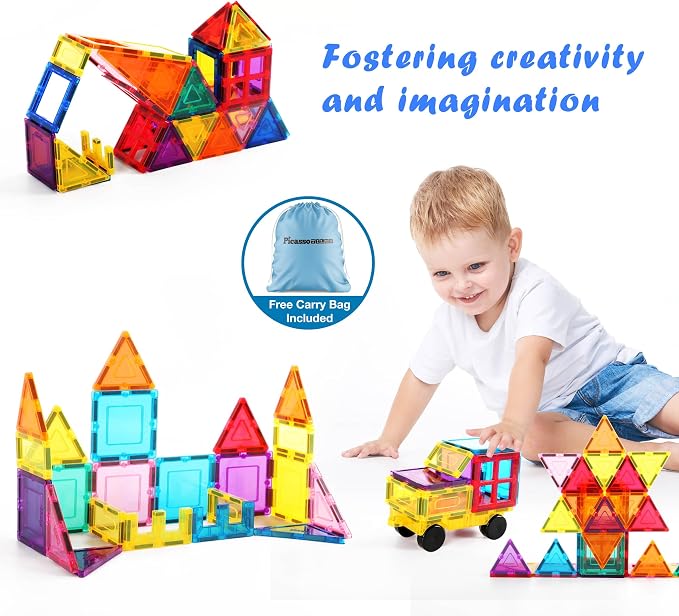 PicassoTiles Magnet Tile Building Blocks with Car Base Drawstring Storage Travel Bag Carry Case Magnetic Tiles Construction Toy STEM Learning Educational Kit Sensory Playset Preschool Kids 3+