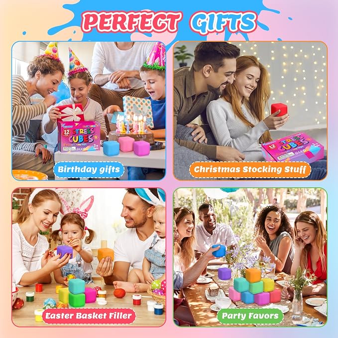 VISCOO 12 Pack Slow Rising Stress Cube, Stress Balls Fidget Squishy Toys | Squeeze Toy for Anxiety Relief, Pull Stretch Squishy Ball for Classroom Prize, Party Favors for Kids Adults