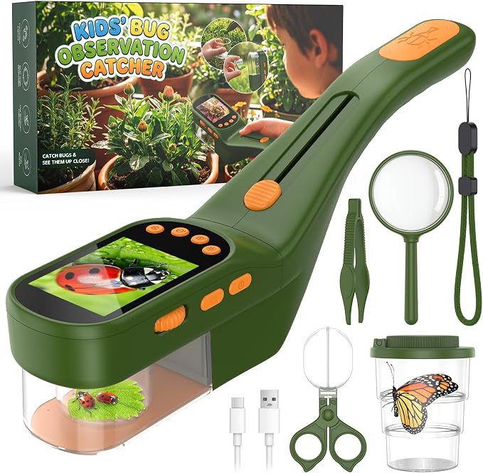 Bug Catcher for Kids,Kids Microscope,3-in-1 Insect Catching Kit for Kid | 2MP Camera Screen STEM Learning Toy,500x Magnification Insect Viewer Nature Exploration Outdoor Educational Gift for Boy Girl