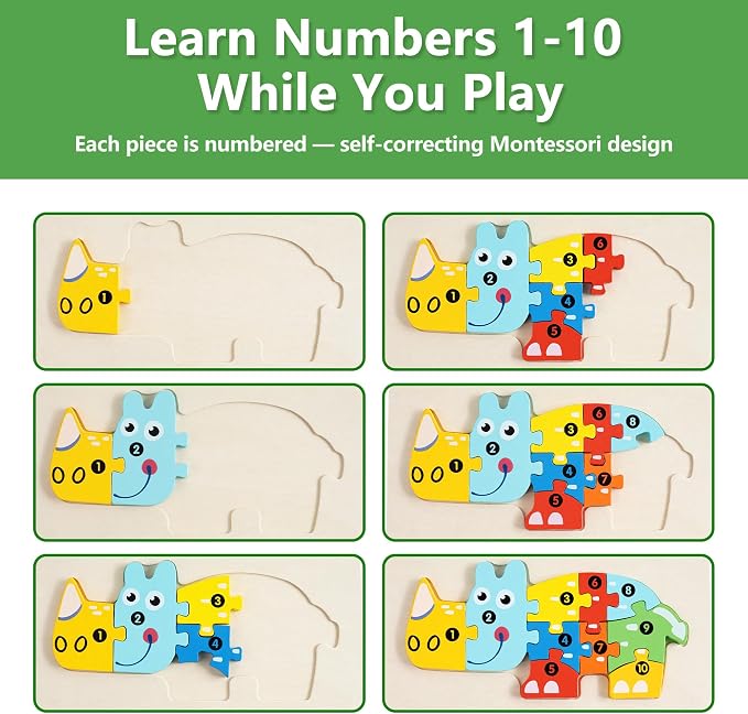 7 Pack Wooden Puzzles for Toddlers 3-5, Montessori Animal Puzzles | 70 pieces, with Numbers 1-10, CPC certified, for 3 4 5 Years Old, Preschool Learning Educational Toys, Boys Girls Gift