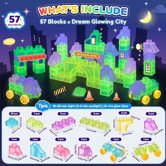 57PCS Soft Glow in The Dark Building Blocks for Toddlers, Dream City | Preschool Educational Creative Play, Montessori Squeezable, Stretchable Early Learning Construction Playset, Puzzle Blocks