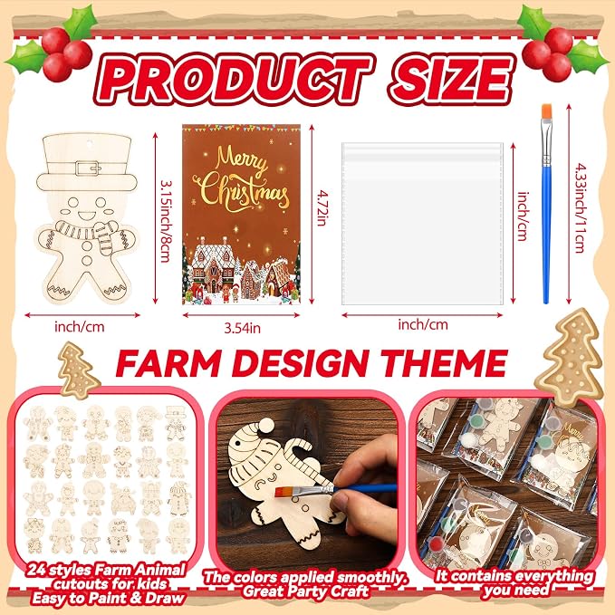 Saypacck 24 Pcs Gingerbread Man Party Favors Wooden Paint Craft Kits | Christmas Gingerbread Man Ornamnet For KidsParties, Brush and Paints Included, Goodie Bag Fillers Gifts