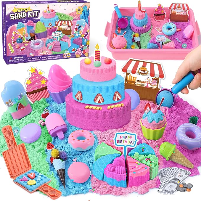 Golray Ice Cream Sensory Bin for Girls, Play Sand Art Kit with Sandbox, 2lb Magic Sand, Cake & Waffle Molds, Pretend Play Desserts Toys, Sensory Toy Set Gifts for Girl Toddlers Ages 3 4 5 6 7 8