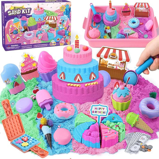 Golray Ice Cream Sensory Bin for Girls, Play Sand Art Kit with Sandbox, 2lb Magic Sand, Cake & Waffle Molds, Pretend Play Desserts Toys, Sensory Toy Set Gifts for Girl Toddlers Ages 3 4 5 6 7 8