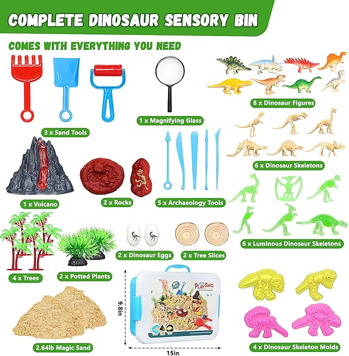 Dinosaur Sensory Sand Kit, Lidded Sand Bin, Dinosaur Toys for Kids | Magic Sand & Archaeology Tools, STEM Montessori Dinosaur Sensory Toys, Arts & Crafts for Kids 3-8, Christmas & Birthday Gifts