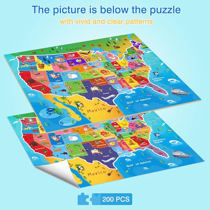 Puzzles for Kids Ages 6-8 & 8-10, 200 Piece USA Map Jigsaw Puzzle | Educational Learning Toy Jigsaw Puzzles for Kids Ages 10-12, Great Birthday & Holiday Gift for Boys and Girls, Home Decor