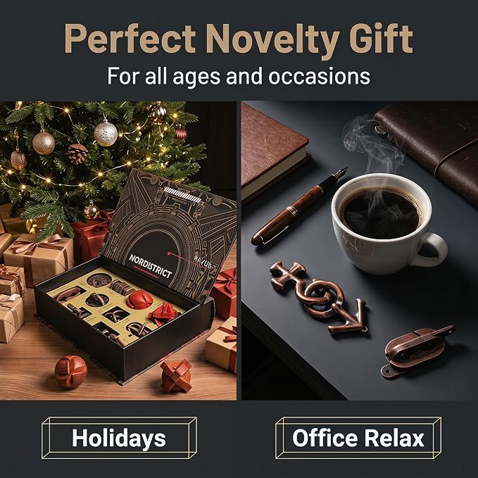 10Pcs Vintage Metal Wood Brain Teaser Puzzle Set,Interlocking 3D IQ Logic Game with Magnetic Gift Box,Difficulty 2.5-6 Desk Decor Gift for Adults Teens Birthday Christmas
