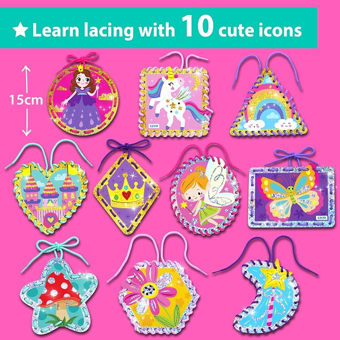 KRAFUN Princess Unicorn Holographic Lacing Cards Age 3+ | 10 Projects | Holographic foil cards: Princess, Unicorn, Fairy & Castle. Fine motor skills. Premium gift for girls age 3+