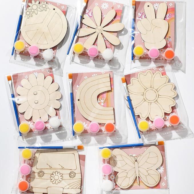 Saypacck 24 Pcs Groovy Boho Hippie Party Favors Wooden Paint Craft Kits | Retro Daisy Rainbow Decorations for Goodie Bags, Bulk Thank You Gifts with Organza Pouch, Boho Hippie Activities for Kids