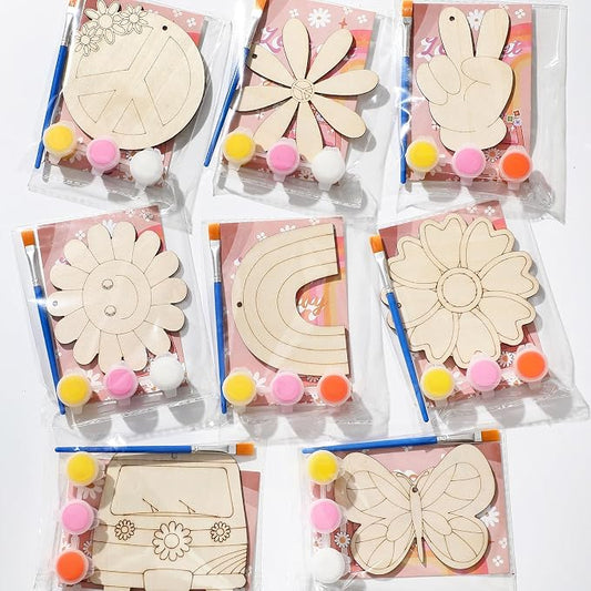 Saypacck 24 Pcs Groovy Boho Hippie Party Favors Wooden Paint Craft Kits | Retro Daisy Rainbow Decorations for Goodie Bags, Bulk Thank You Gifts with Organza Pouch, Boho Hippie Activities for Kids