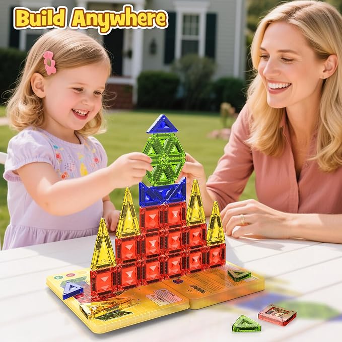 40PCS Magnetic Tiles Travel Storage Diamond Blocks 10% Thicker 3+ | Magnetic tiles with diamond texture & yellow box. Great for travel, car rides, Montessori play & on-the-go fun