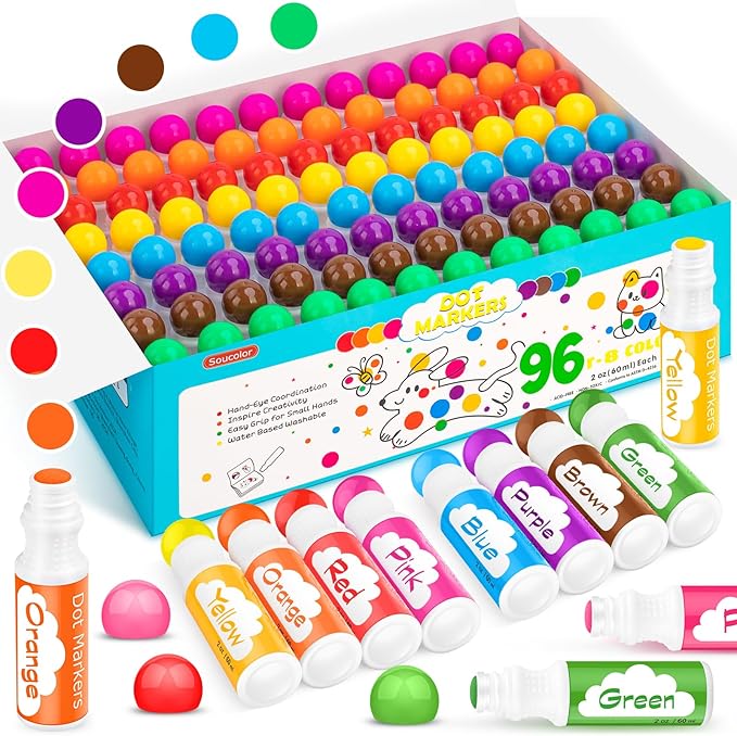 Soucolor 96-Pack Washable Dot Markers for Kids & Toddlers 8 Vibrant Colors | Bingo Daubers, Preschool Arts & Crafts, Classroom Supplies,Paint Dabbers for Endless Creative Fun,Non-Toxic