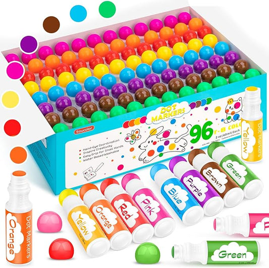Soucolor 96-Pack Washable Dot Markers for Kids & Toddlers 8 Vibrant Colors | Bingo Daubers, Preschool Arts & Crafts, Classroom Supplies,Paint Dabbers for Endless Creative Fun,Non-Toxic