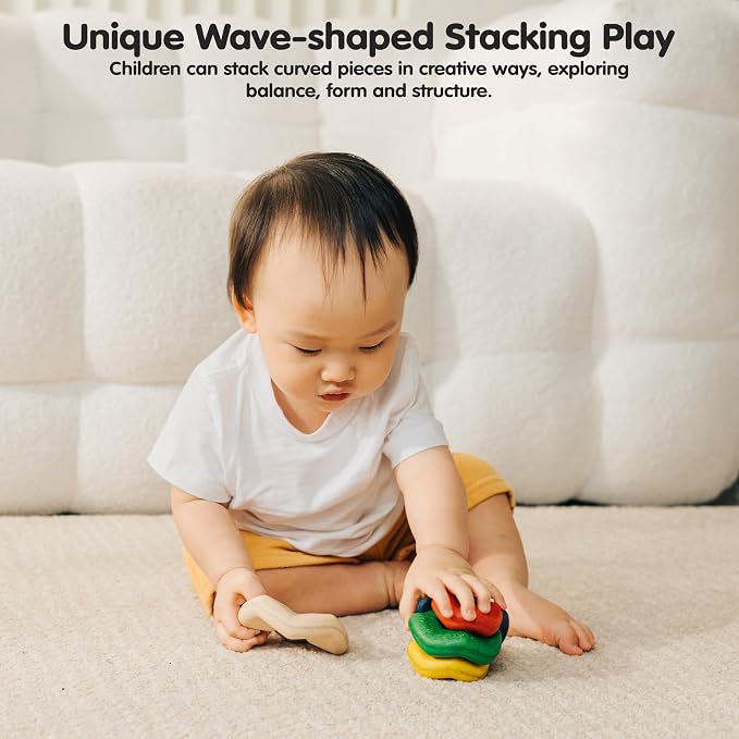 PlanToys® Wooden Wave Stacker Montessori Stacking Toy for Kids Toddlers | wooden wave stacker, montessori stacking toy, imaginative play fine motor coordination, sensory problem solving, baby toddler