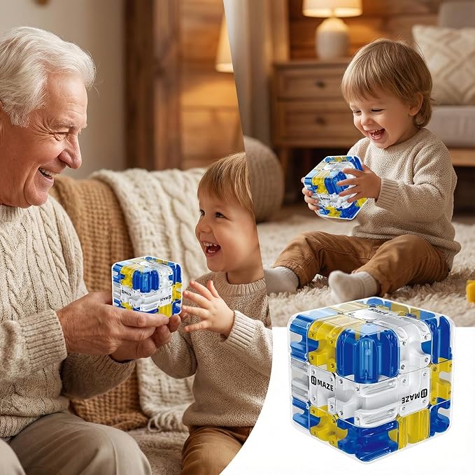 3D Rolling Ball Maze Cube & Marble Maze Puzzle - Large Labyrinth Brain Teaser Toy for Kids Ages 4-8, 8-12 & Adults. Challenging 3D Puzzle Game. Best Travel Birthday Gift (Blue)