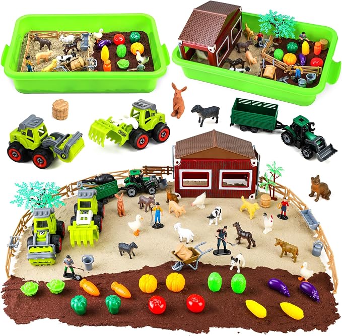Aprilwolf 69 PCS Farm Sensory Bin Toys Playset, Sandboxes with Sand | Farmer Tractor & Farm Animals Figures Toys for Kids 3 4 5, Gifts for 6 7 8 Years Old Boys Girls