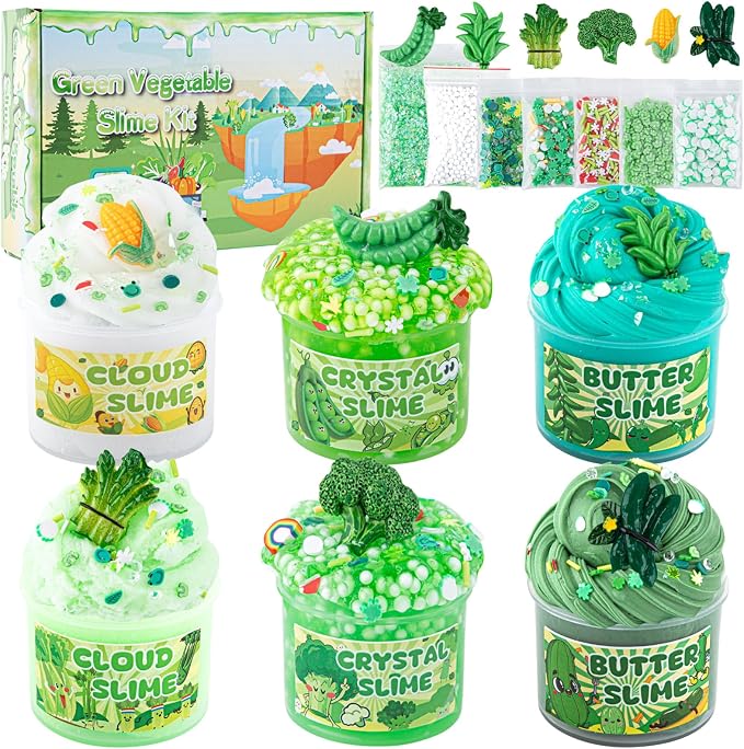 6-Pack Green Slime Kit for Kids, Cloud Butter Clear Crunchy Gift Set | Gradient green sensory slime with add-ins, party favor, goodie bag stuffer, Easter basket filler, ages 4-10