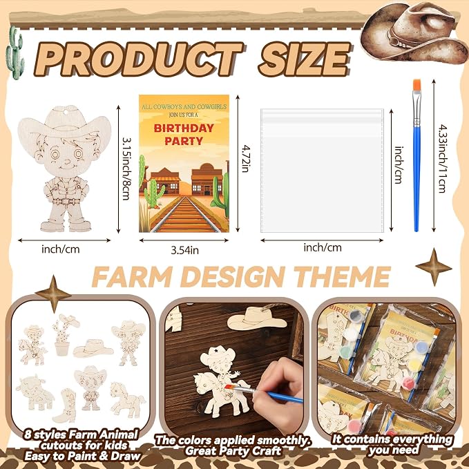 Saypacck 24 Pcs Cowboy Party Favors Wooden Paint Craft Kits | Rodeo Birthday Supplies, Cowgirl Theme Crafts, Western Party Activity, Thank You Gifts, Organza Bags for Goodie Fillers