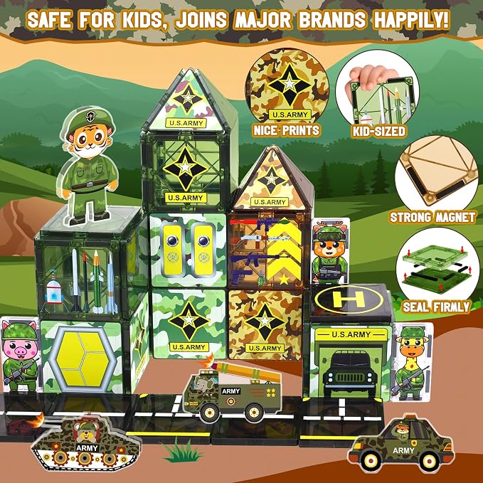 Magnetic Tiles Army Toys with Army Men Military Tank Plane Car, Magnet Tiles for Kids 3-5 4-8,Toy for Boys 4 5 6-8,Magnet Blocks Military Toys Action Figures Soldiers,Gifts for 3-12 Year Old Boys Kids