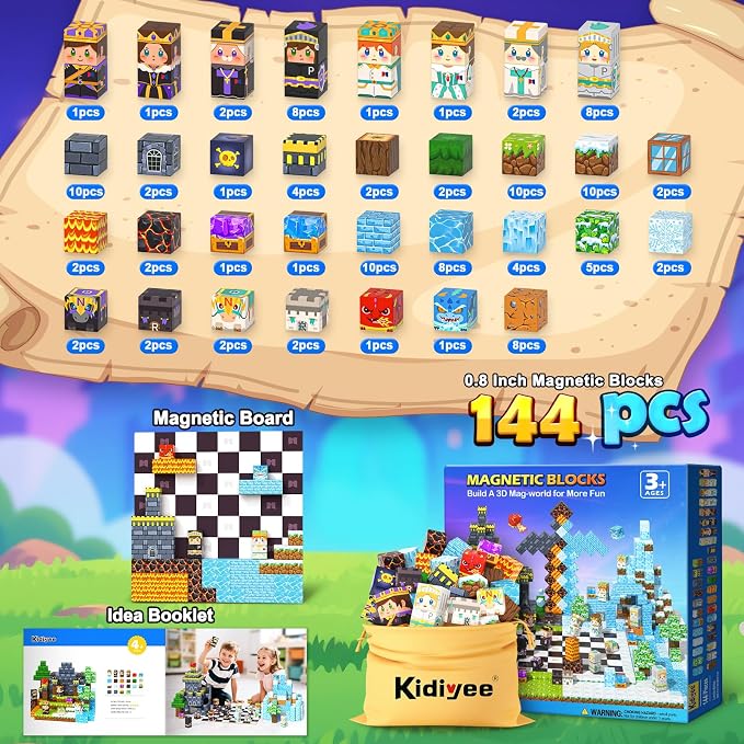 144PCS Magnetic Blocks - Mine Magnet World Chess Set, Magnetic Building Toys Games for Kids Ages 5-7 6-8 8-12, Magnet Blocks Kids Toddler Toys, Ideal Gifts for Boys & Girls Ages 3+