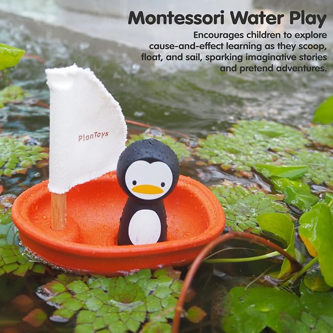 PlanToys® Wooden Penguin Sailing Boat Bath Toy for Toddlers, Montessori | wooden penguin sailing boat, montessori floating bath toy, water play, bathtub pool water table, kids toddlers imaginative pl