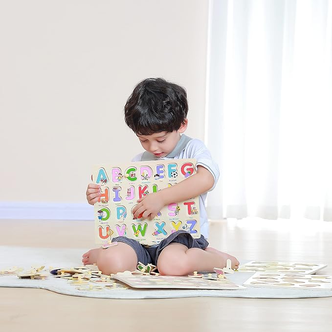 GRINNNIE Wooden Peg Puzzle for Toddlers 3 4 5 Years Old, 4 PCS Montessori Educational Learning Puzzles Set-Numbers, Letters, Animals and Fruits, Great Preschool Gifts for Girls and Boys