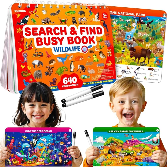 Busy Book for Toddlers 3-5 - Reusable Dry Erase Workbooks for Kids 4-6 | Wildlife Search and Find Activity Book with Markers - Workbook for Travel and Quiet Time Learning